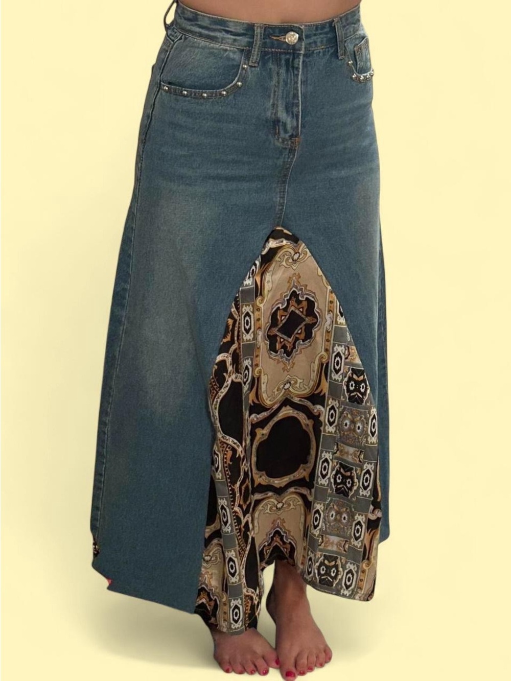 Boho-Inspired Blue Denim Maxi Skirt with Printed Front Panel